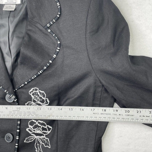 NEW Mary McFadden Black Linen Blend Womens Size 10 P Floral Embroidered Blazer - Picture 8 of 14